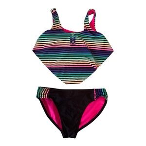 Wonder Nation  Girls' Striped Tankini Set - Black, Pink & Multi